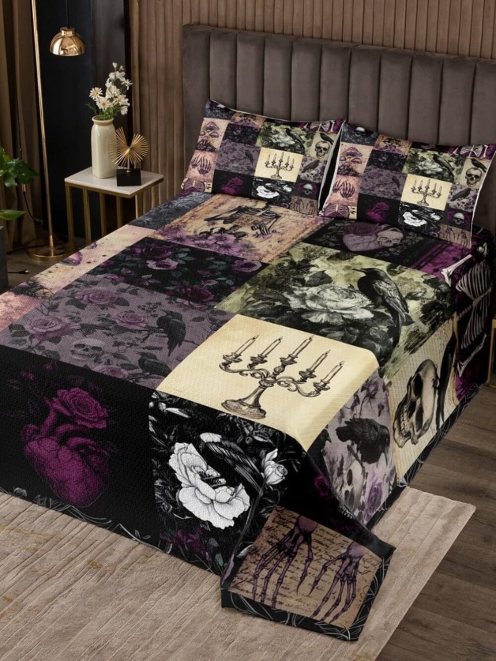 Gothic Crow Bedspread King Size,Sugar Skull Bedding Set for Kids Girls Boys